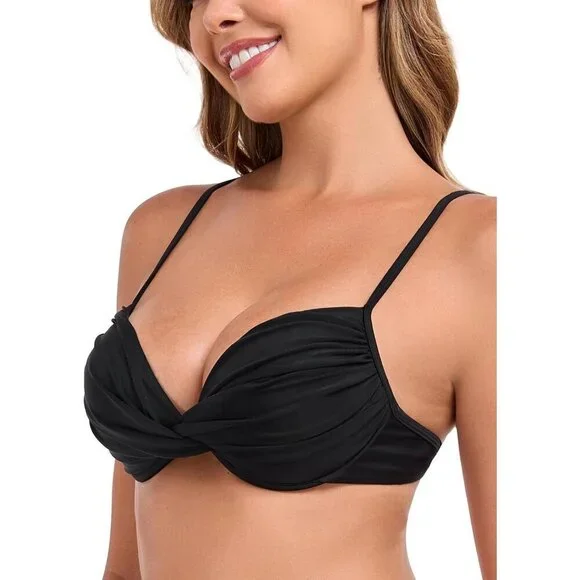 Women's Black Push Up Bikini Tops Ruched Twist Front Underwear Top Swimsuit - Picture 2 of 9